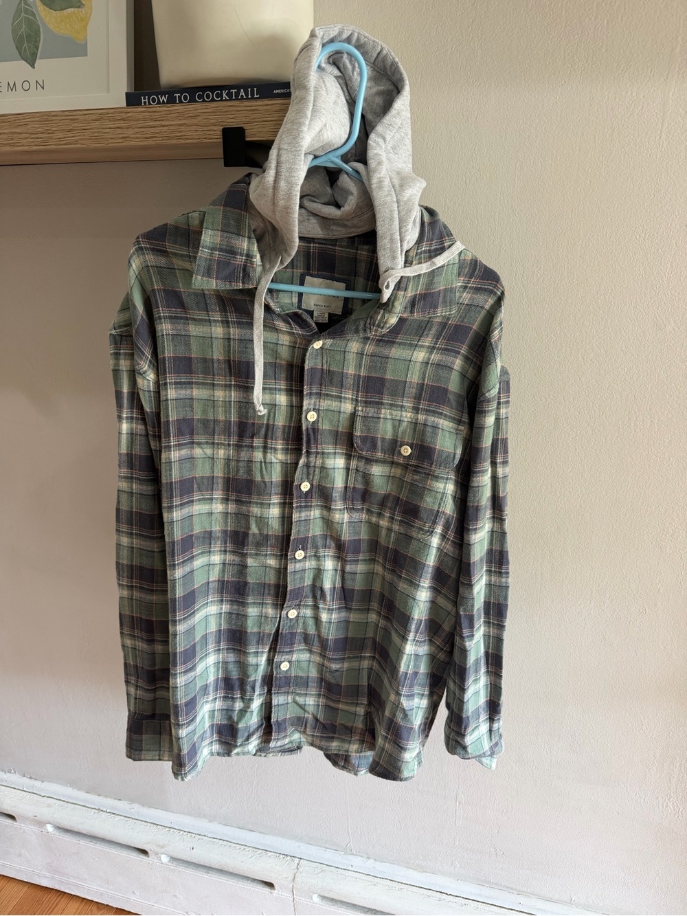 American Eagle Outfitters Green and Gray Plaid Button-Down Shirt with Hood